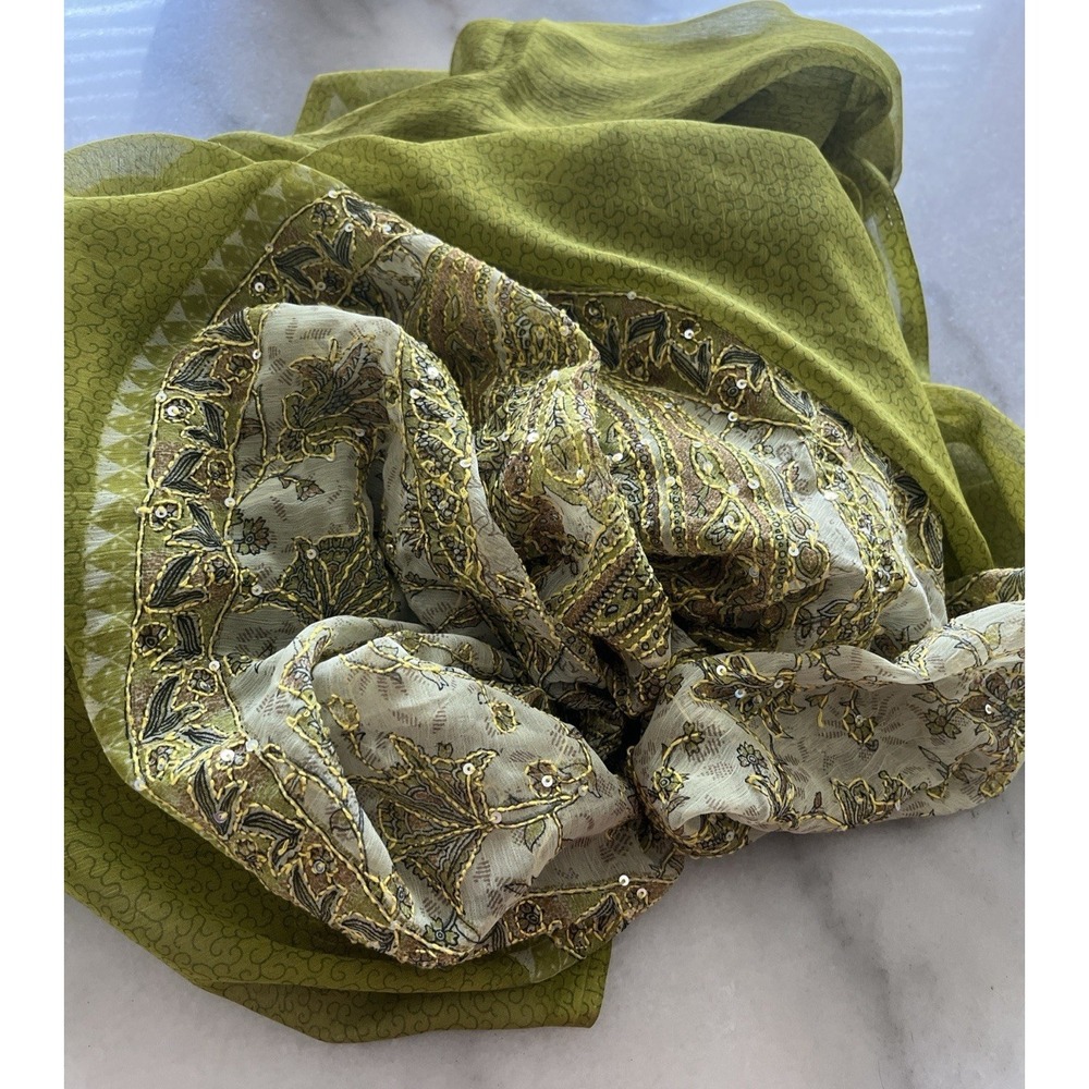 Embellished Olive Sheer Shawl Wrap Scarf Sequined Boho Evening 41x85 - Picture 3 of 4